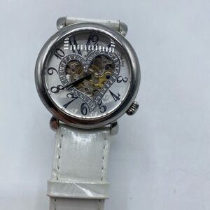 Stuhrling Tissot Automatic Open Heart Skeleton Diamond  Watch White Wristband